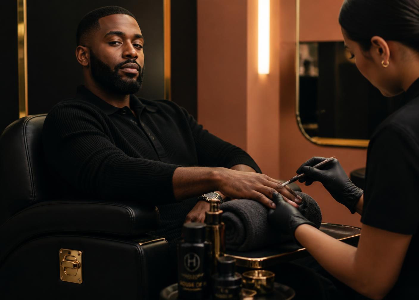 A man relaxing during a premium nail care service